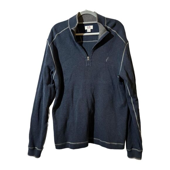 Cutter & Buck Men's Mock Neck 1/4 Zip Blue Logo Pullover Sweatshirt L Streetwear - Picture 1 of 8